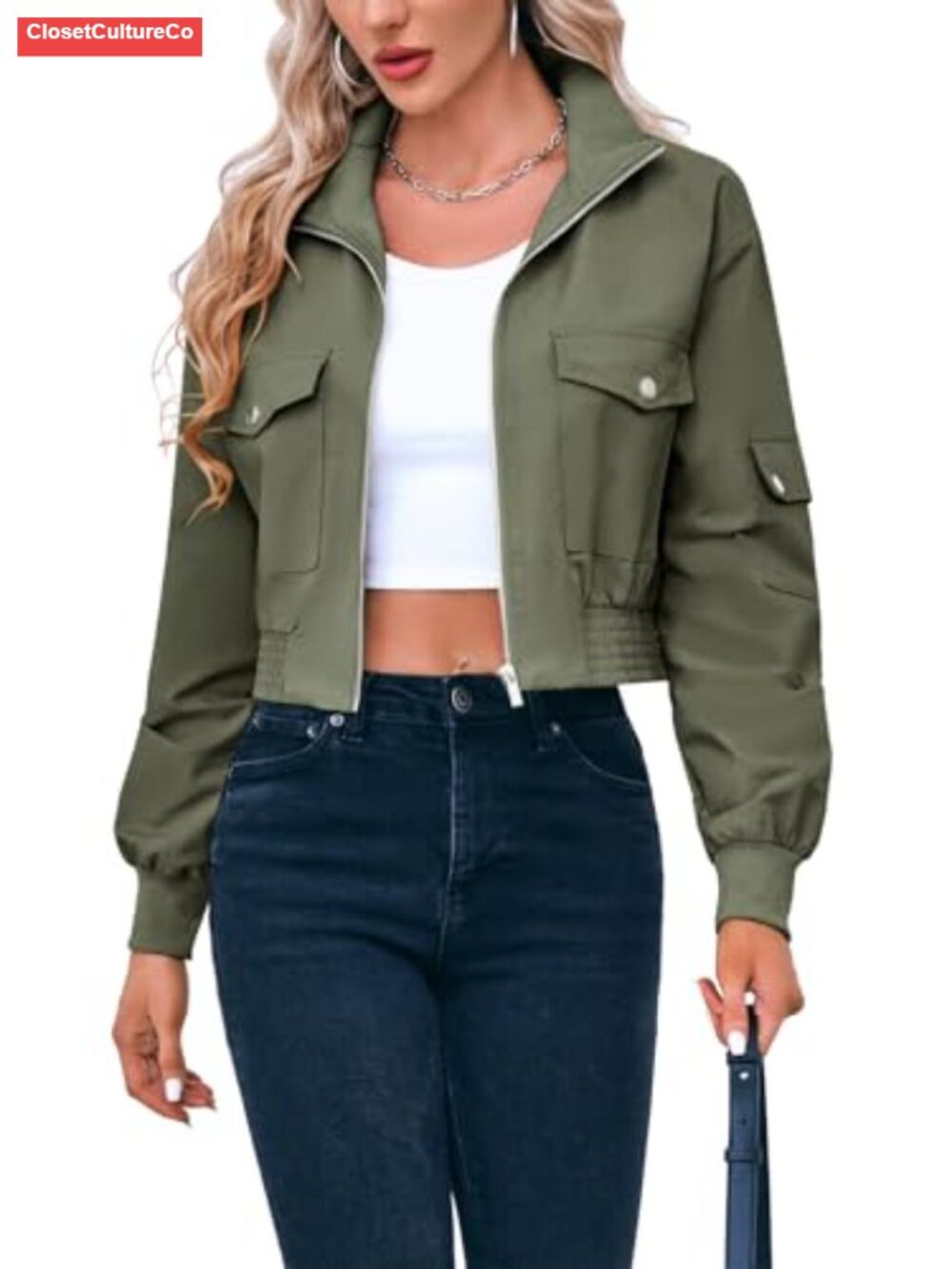 Women's Cropped Bomber Jacket Zip Up Lightweight Casual Coat